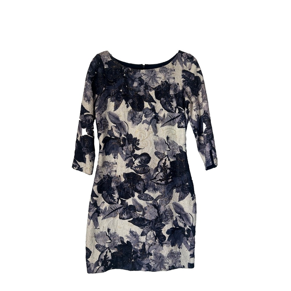 Belle Badgley Mischka Taline Navy White Floral Jacquard Sheath Dress Size 10